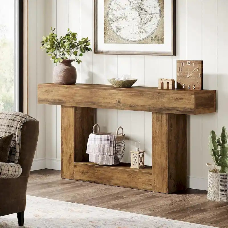 63 Inches Brown and Gray Narrow Long Wood Console Table for Entryway