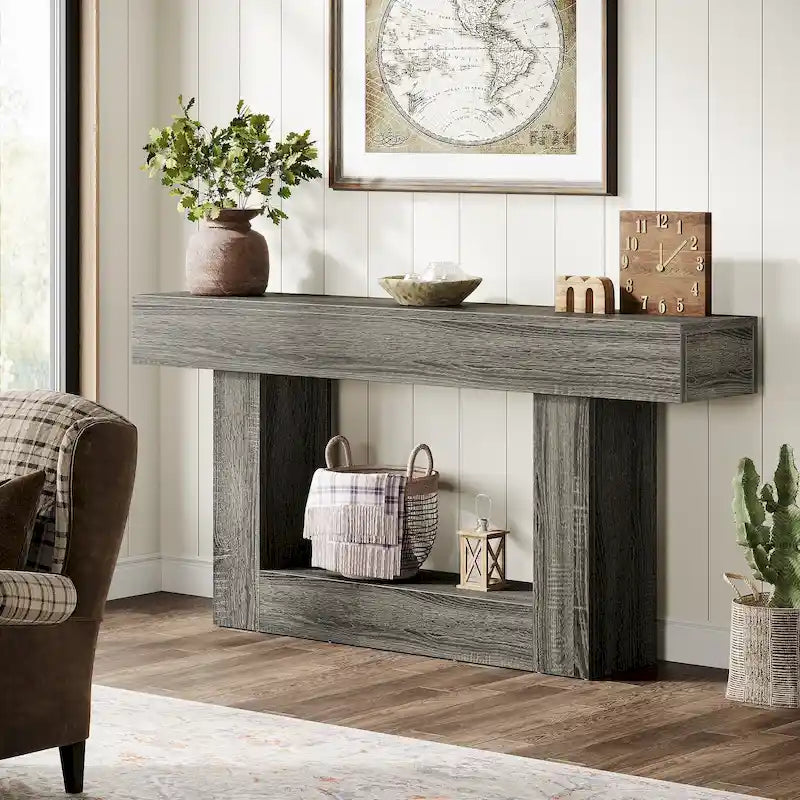 63 Inches Brown and Gray Narrow Long Wood Console Table for Entryway
