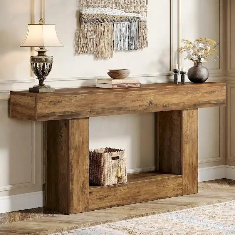 63 Inches Brown and Gray Narrow Long Wood Console Table for Entryway