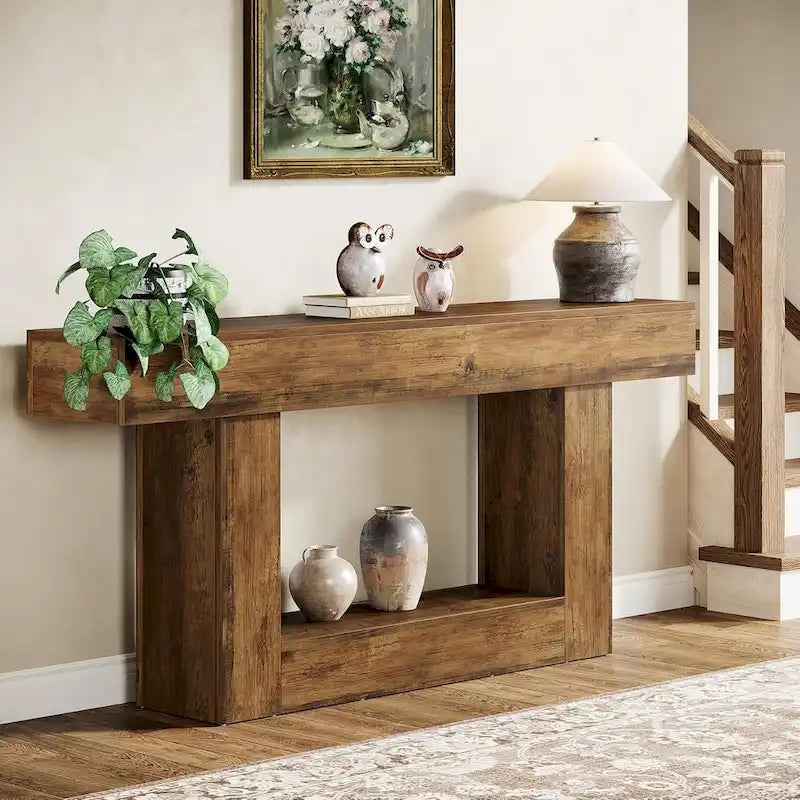 63 Inches Brown and Gray Narrow Long Wood Console Table for Entryway