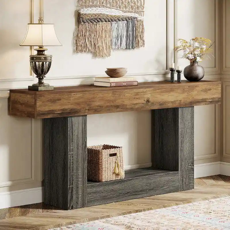 63 Inches Brown and Gray Narrow Long Wood Console Table for Entryway