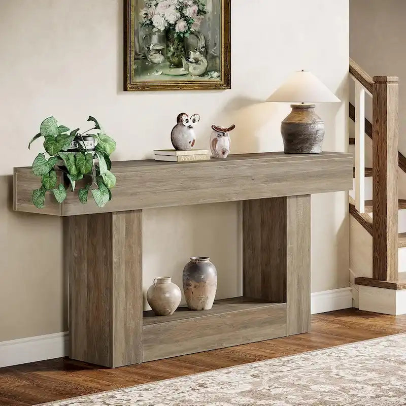 63 Inches Brown and Gray Narrow Long Wood Console Table for Entryway
