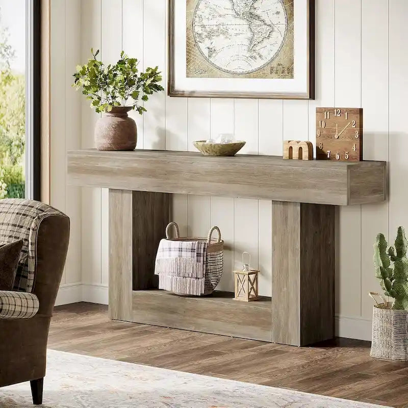 63 Inches Brown and Gray Narrow Long Wood Console Table for Entryway