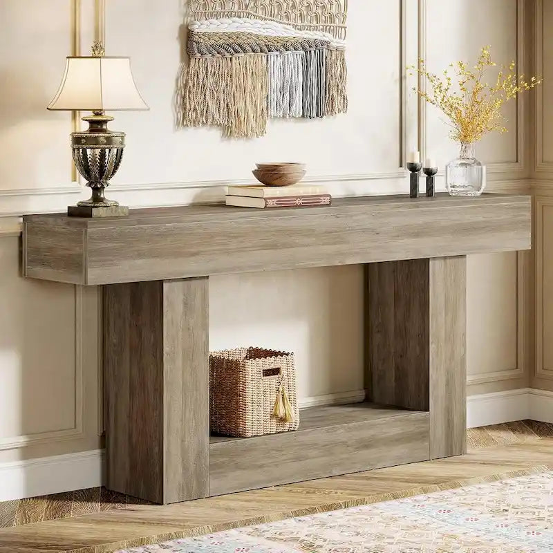 63 Inches Brown and Gray Narrow Long Wood Console Table for Entryway