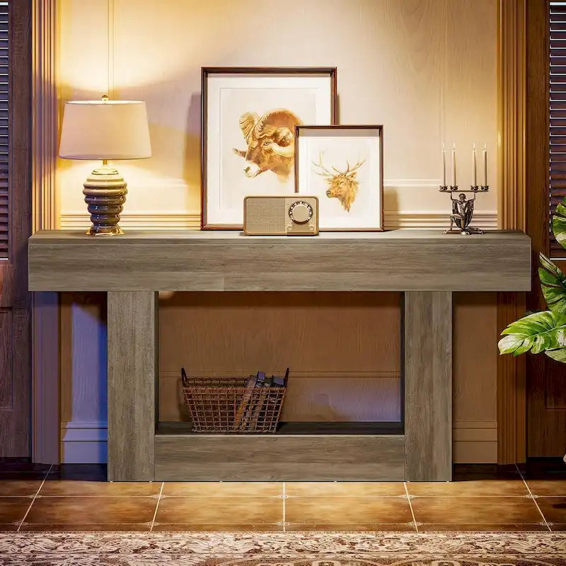 63 Inches Brown and Gray Narrow Long Wood Console Table for Entryway