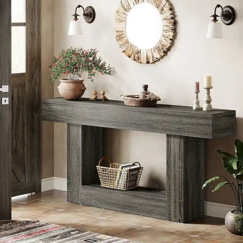 63 Inches Brown and Gray Narrow Long Wood Console Table for Entryway