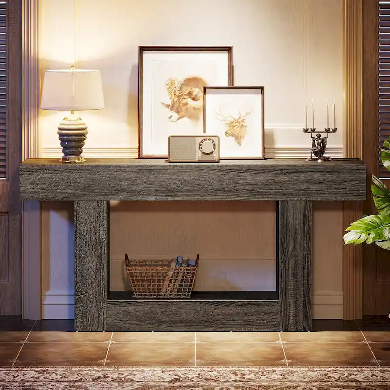 63 Inches Brown and Gray Narrow Long Wood Console Table for Entryway
