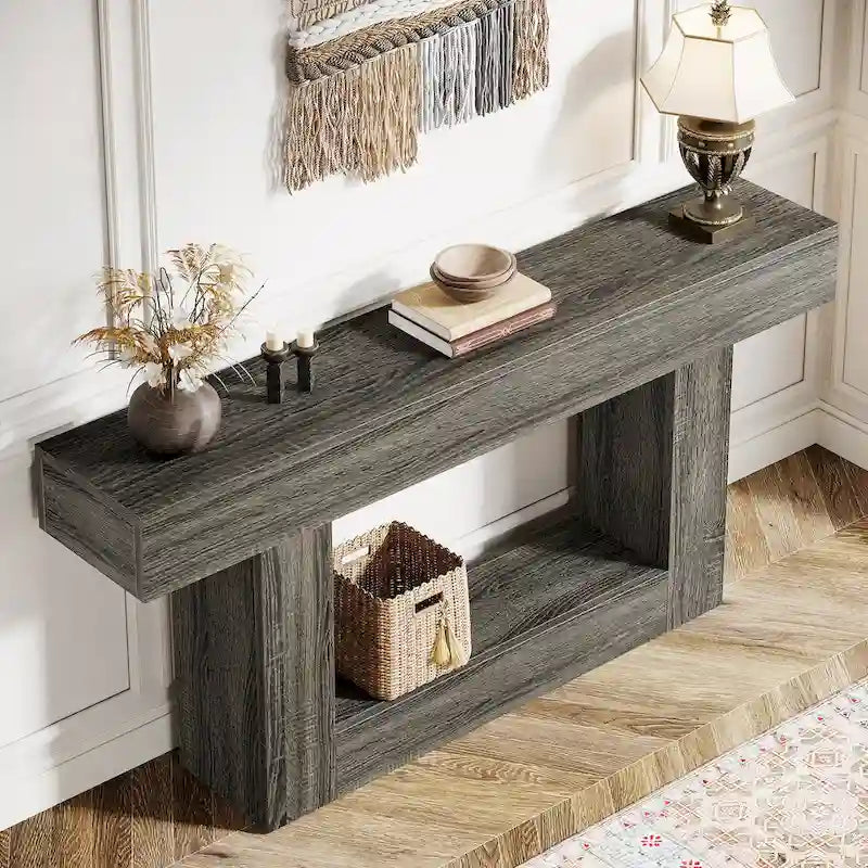 63 Inches Brown and Gray Narrow Long Wood Console Table for Entryway