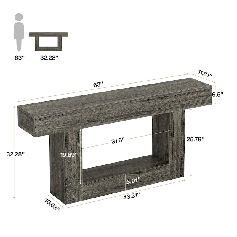 63 Inches Brown and Gray Narrow Long Wood Console Table for Entryway