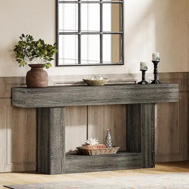 63 Inches Brown and Gray Narrow Long Wood Console Table for Entryway