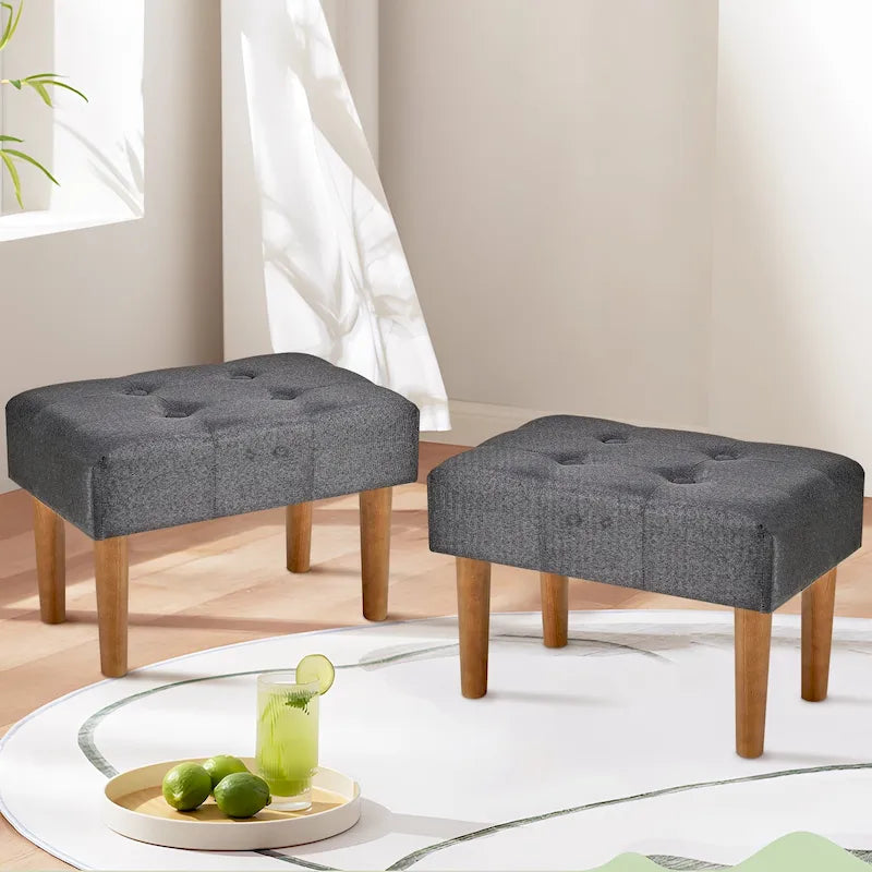 2 Pcs Small Foot Stool Ottoman, Linen Ottoman Foot Rest with Legs, Rectangle Upholstered Footrest