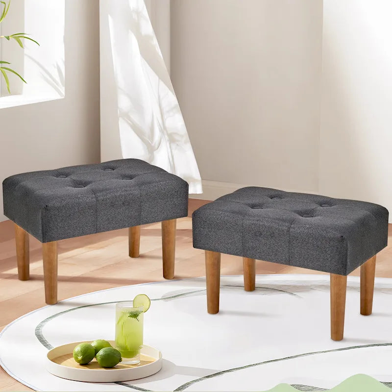 2 Pcs Small Foot Stool Ottoman, Linen Ottoman Foot Rest with Legs, Rectangle Upholstered Footrest