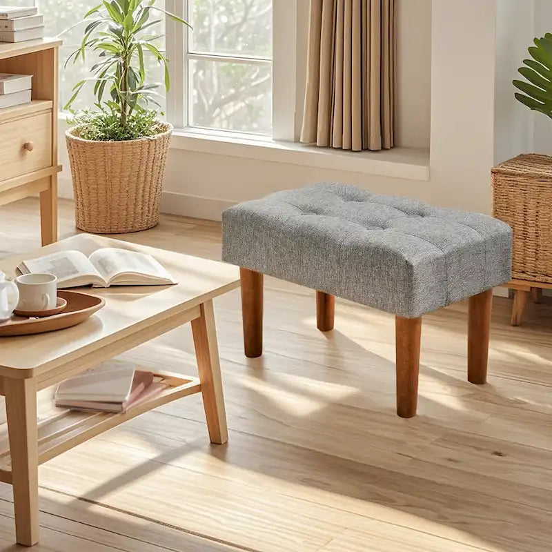 Set di 2 piccoli poggiapiedi pouf, poggiapiedi in lino con gambe, poggiapiedi rettangolare imbottito