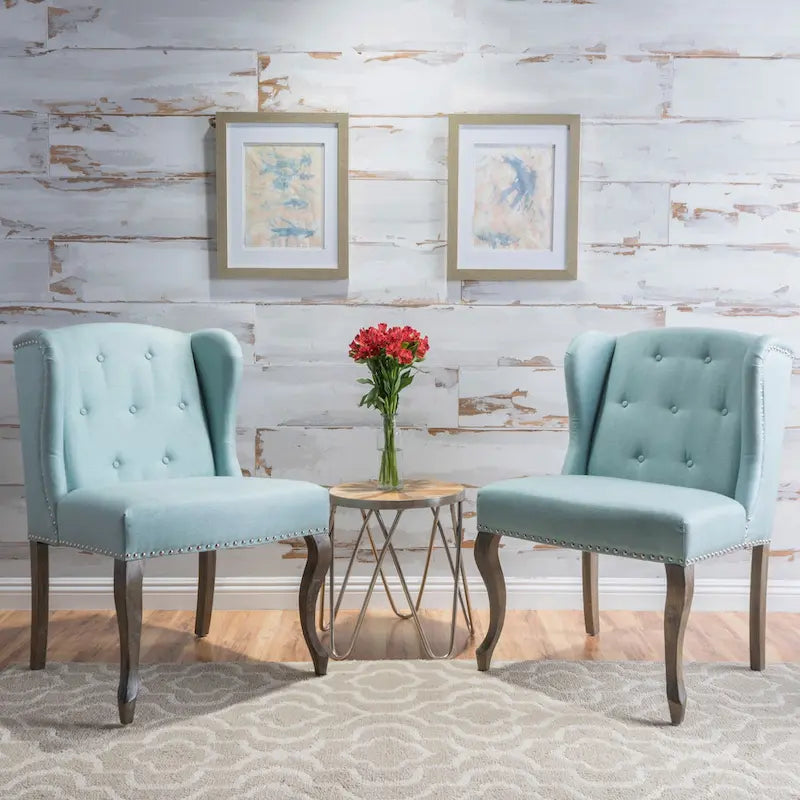 Wing Back Studded Fabric Accent Chairs (Set of 2)