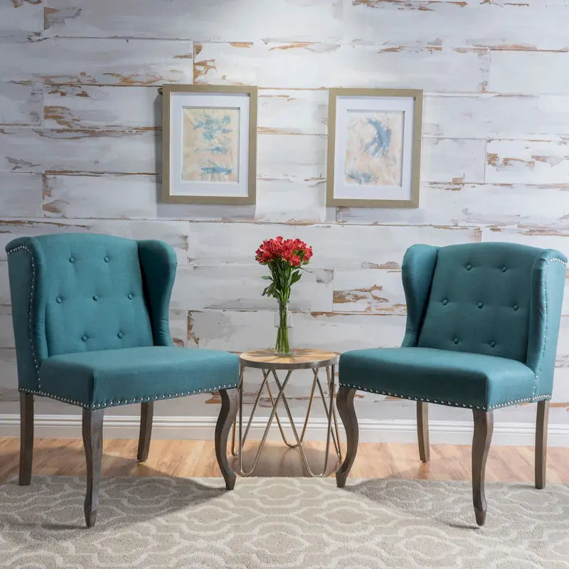 Wing Back Studded Fabric Accent Chairs (Set of 2)