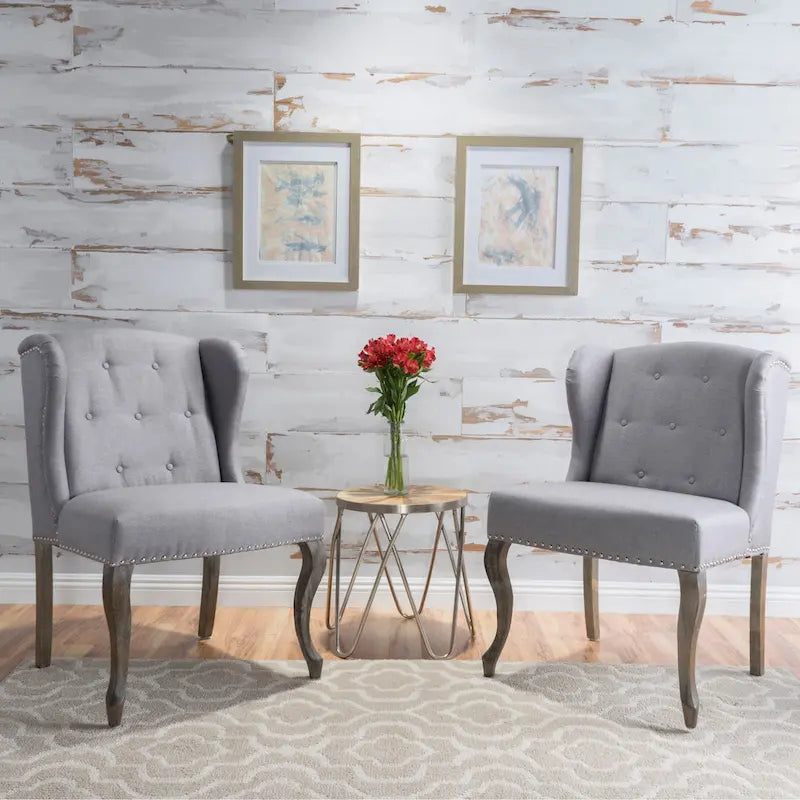 Wing Back Studded Fabric Accent Chairs (Set of 2)