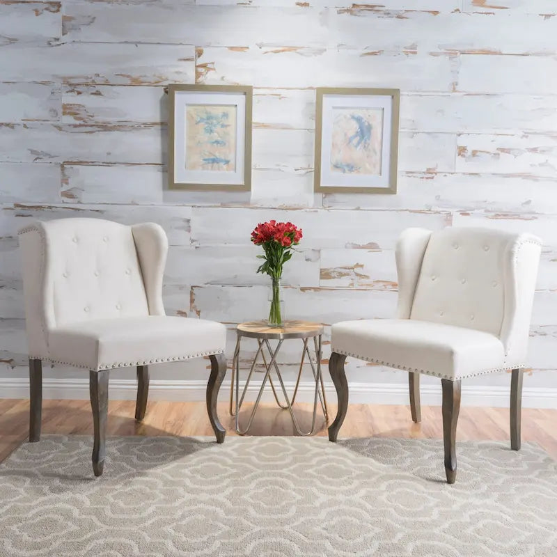 Wing Back Studded Fabric Accent Chairs (Set of 2)