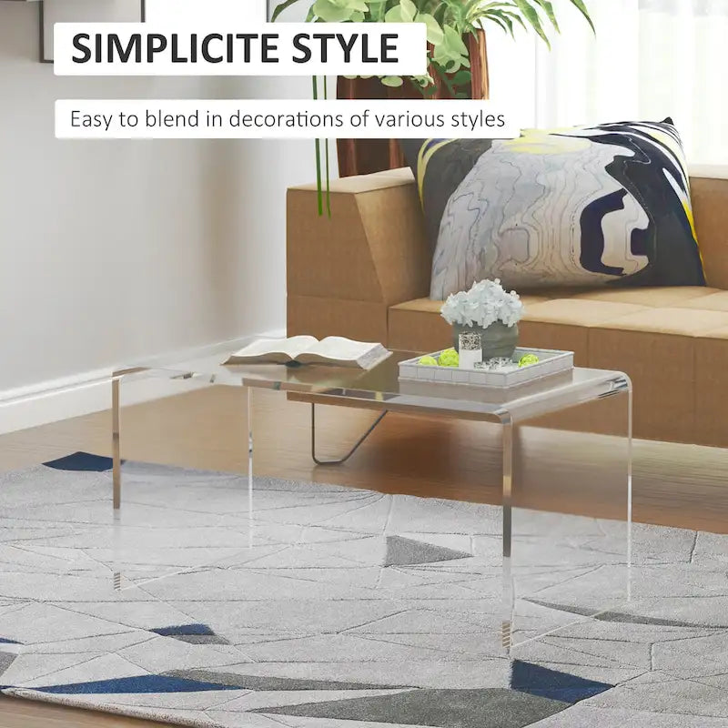 32 Long Rectangle All Acrylic 20mm Thick Waterfall Coffee Table, Clear