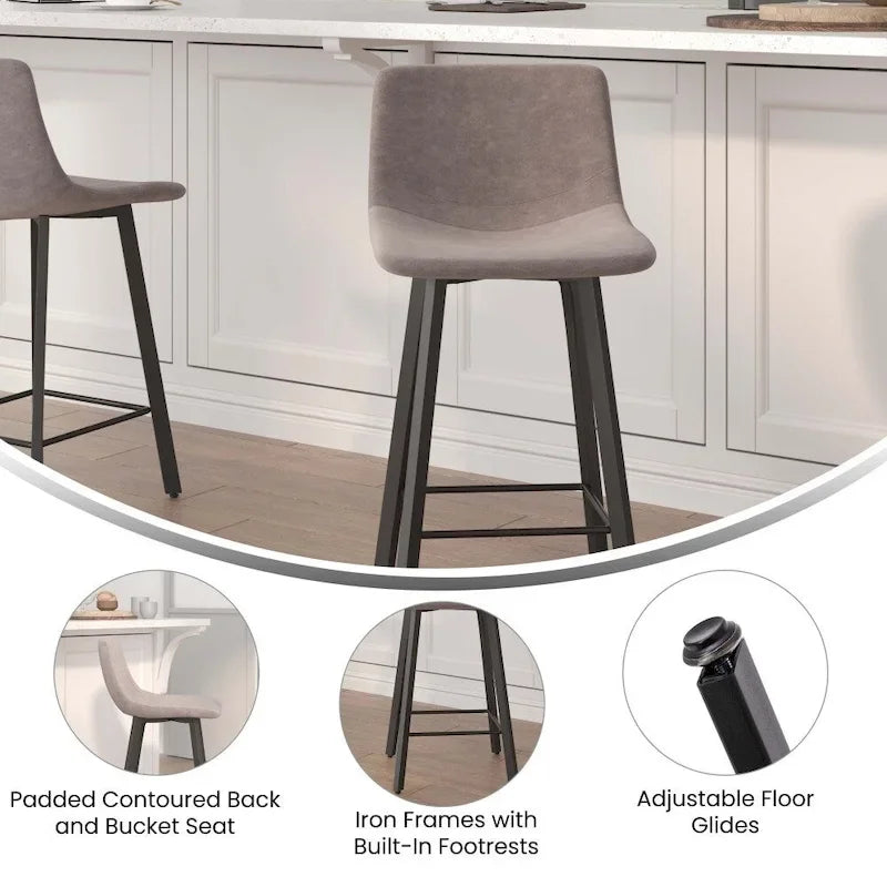 Set of 2 Armless Upholstered Metal Counter Stools