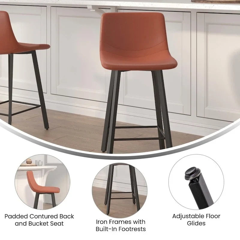 Set of 2 Armless Upholstered Metal Counter Stools
