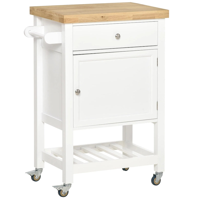 Utility Kitchen Cart, Rolling Kitchen Island with Smooth Rubberwood Top, Narrow Butcher Block Surface on Wheels