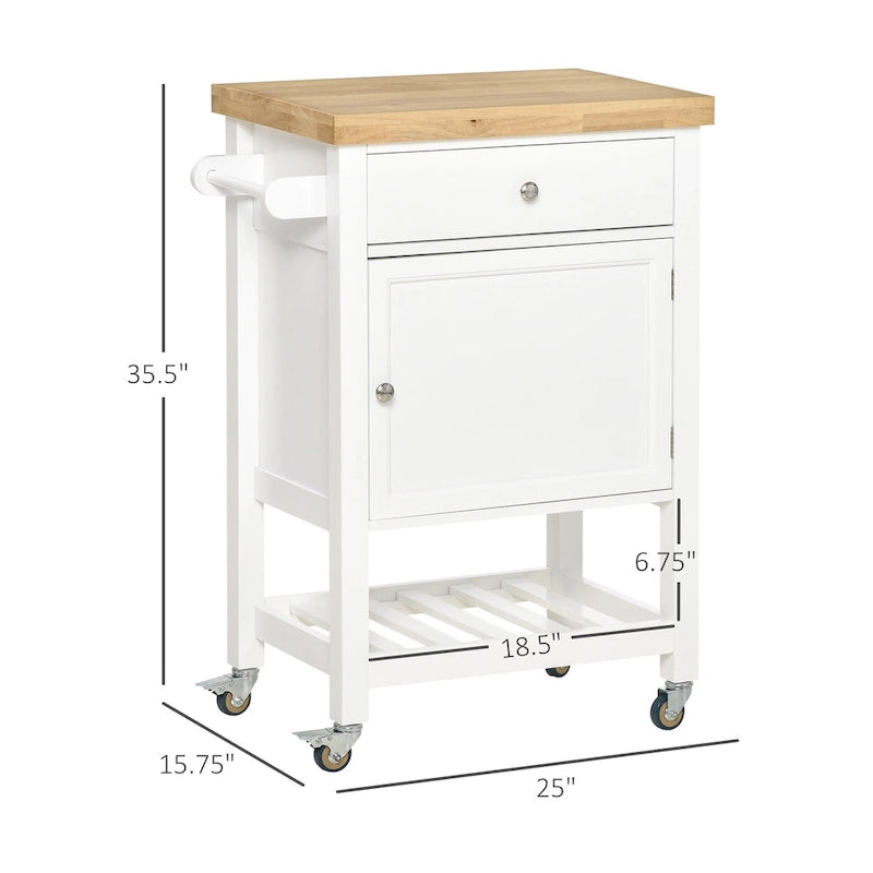 Utility Kitchen Cart, Rolling Kitchen Island with Smooth Rubberwood Top, Narrow Butcher Block Surface on Wheels