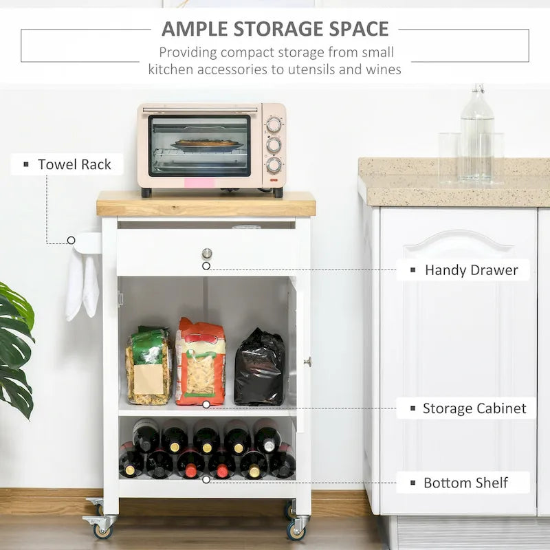 Utility Kitchen Cart, Rolling Kitchen Island with Smooth Rubberwood Top, Narrow Butcher Block Surface on Wheels