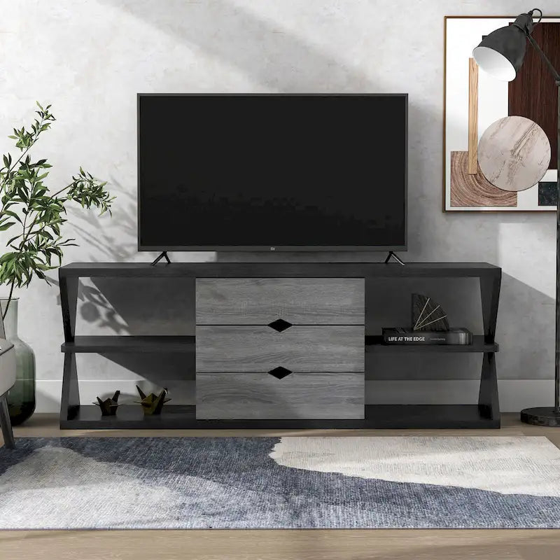 Modern Black and Distressed Grey 60-inch 4-Shelf TV Console with 3-Drawer