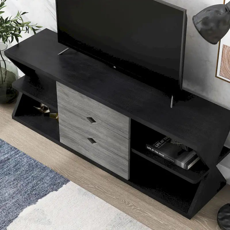 Modern Black and Distressed Grey 60-inch 4-Shelf TV Console with 3-Drawer