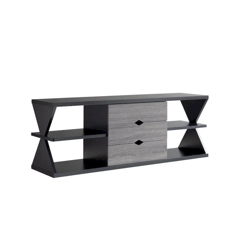 Modern Black and Distressed Grey 60-inch 4-Shelf TV Console with 3-Drawer