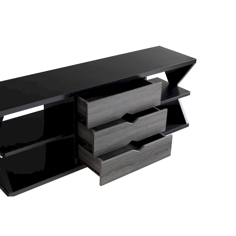 Meuble TV moderne noir et gris vieilli de 60 pouces avec 4 étagères et 3 tiroirs