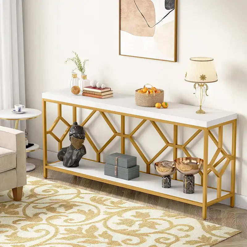 70.9 Inch Sofa Console Table with Open Storage Shelf, Industrial Narrow Extra Long Sofa Tables Entry Table Behind Couch Table
