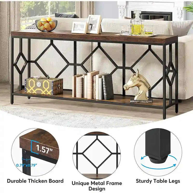 70.9 Inch Sofa Console Table with Open Storage Shelf, Industrial Narrow Extra Long Sofa Tables Entry Table Behind Couch Table