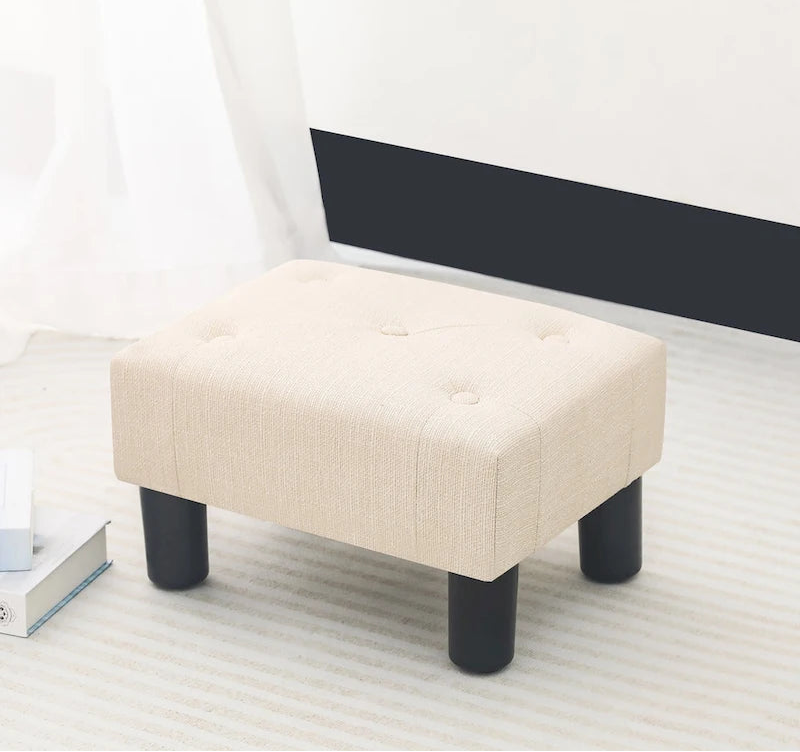 Adeco Button Tufted Linen Foot Stool Rectangular Small Ottoman