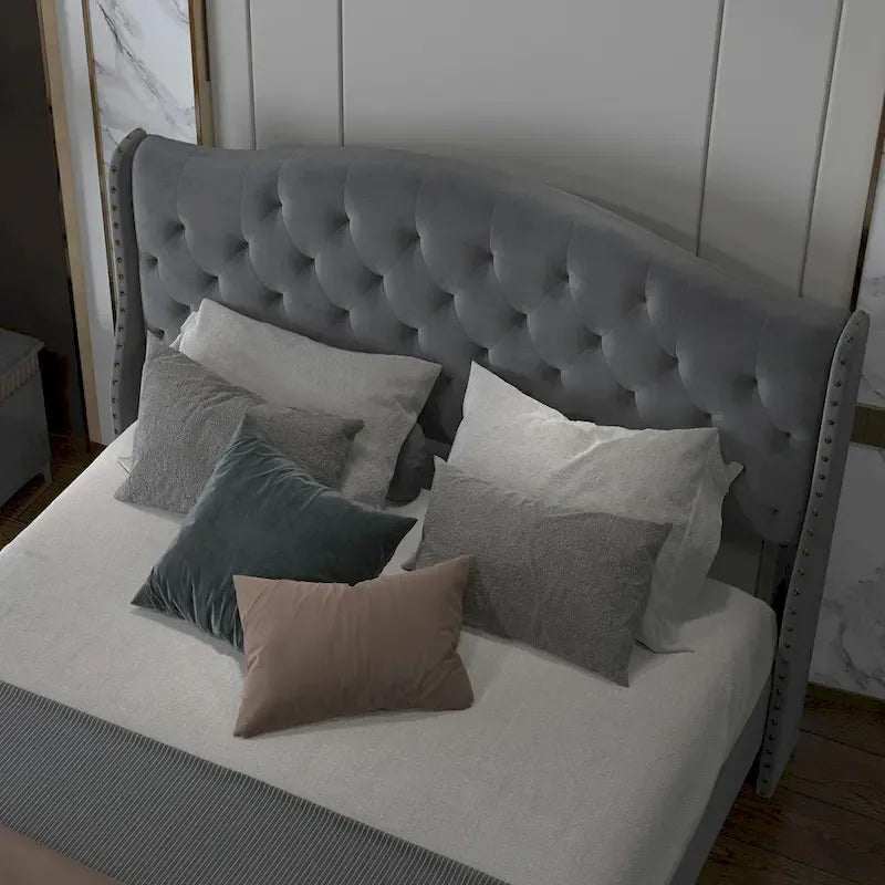 Velvet Upholstered Bed Frame with Wingback Headboard and Footboard