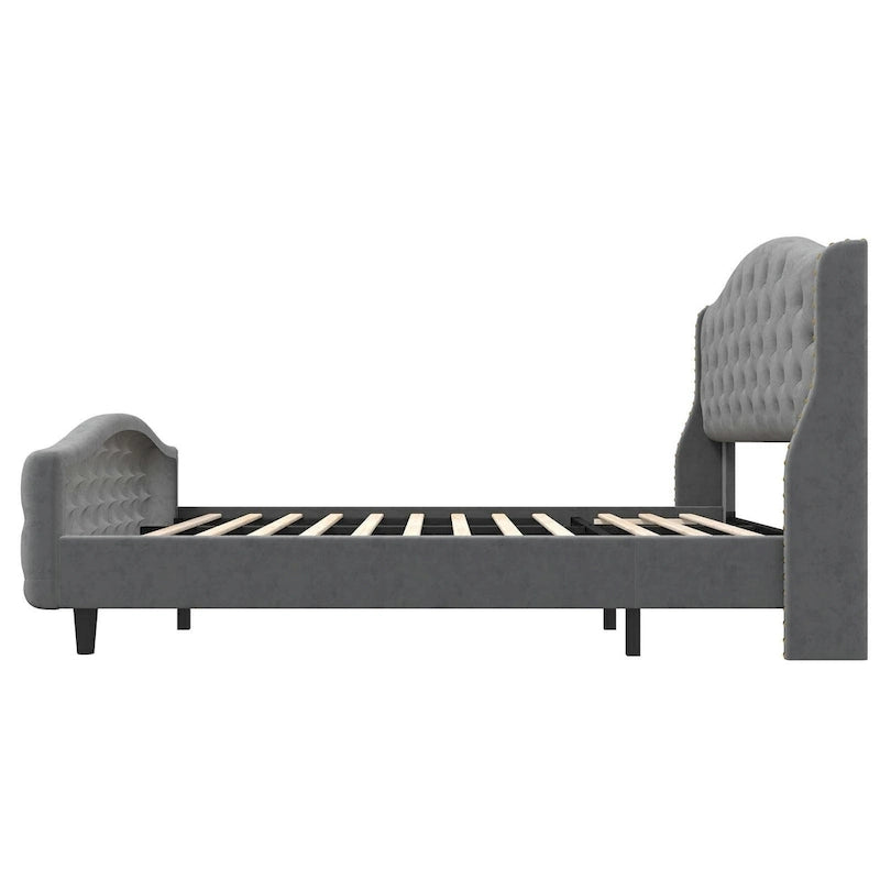 Velvet Upholstered Bed Frame with Wingback Headboard and Footboard