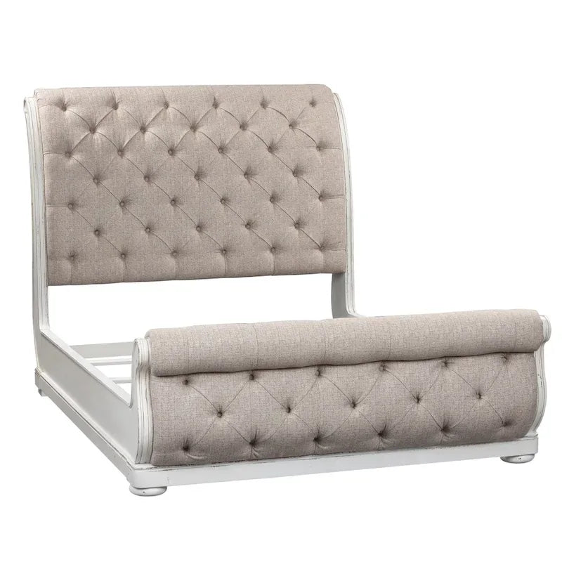 Antique White King Upholstered Sleigh Bed