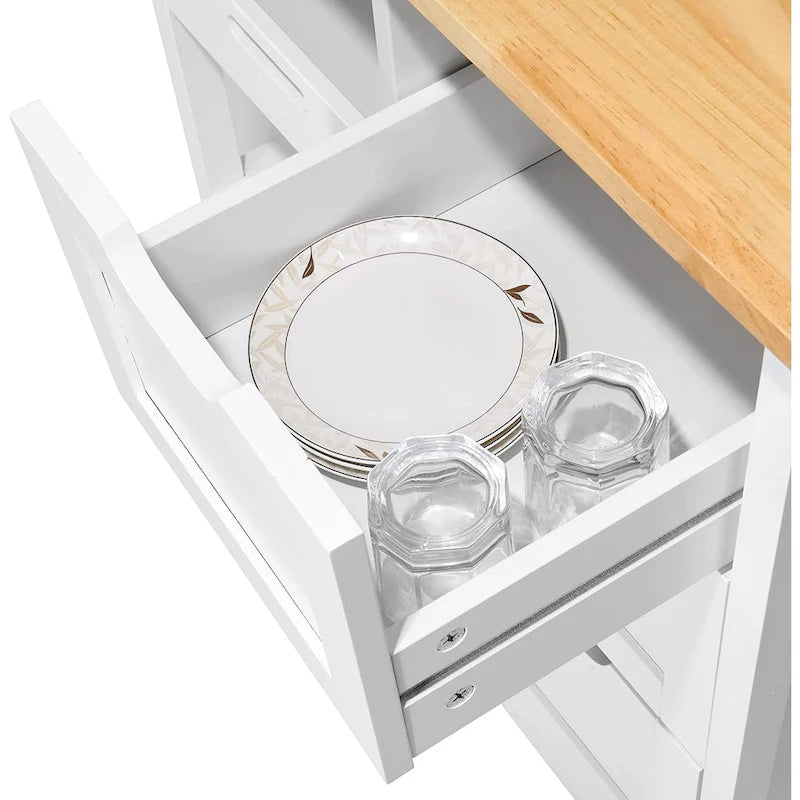 Solid Wood Top Kitchen Island Storage Cart with 3 Drawers Rolling Serving Trolley Cart