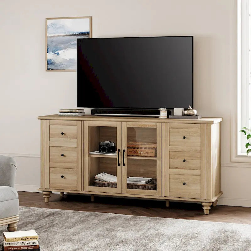 Glass Door Farmhouse TV Stand for TVs Up to 75 inch, Wood Universal TV Console Table