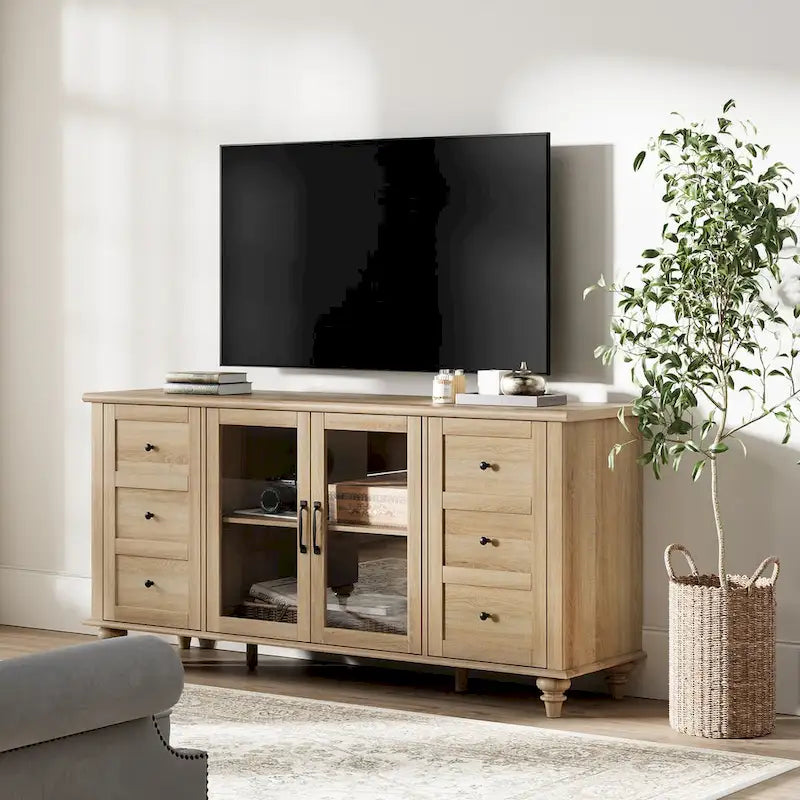 Glass Door Farmhouse TV Stand for TVs Up to 75 inch, Wood Universal TV Console Table