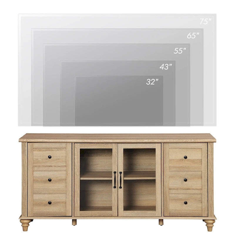 Glass Door Farmhouse TV Stand for TVs Up to 75 inch, Wood Universal TV Console Table