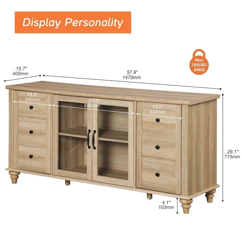 Glass Door Farmhouse TV Stand for TVs Up to 75 inch, Wood Universal TV Console Table