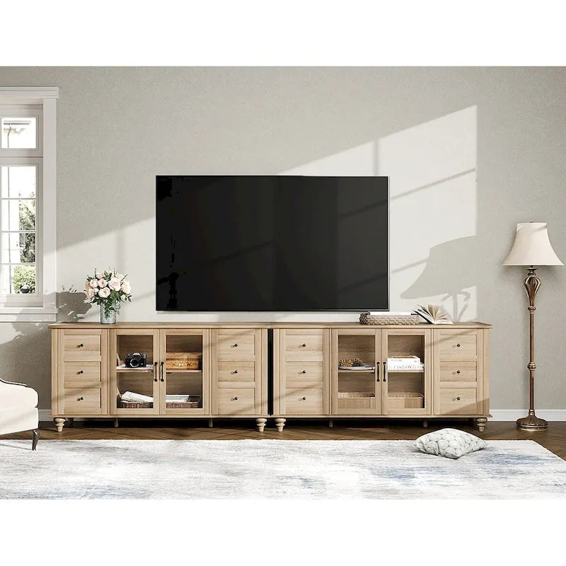 Glass Door Farmhouse TV Stand for TVs Up to 75 inch, Wood Universal TV Console Table