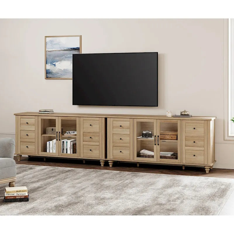 Glass Door Farmhouse TV Stand for TVs Up to 75 inch, Wood Universal TV Console Table