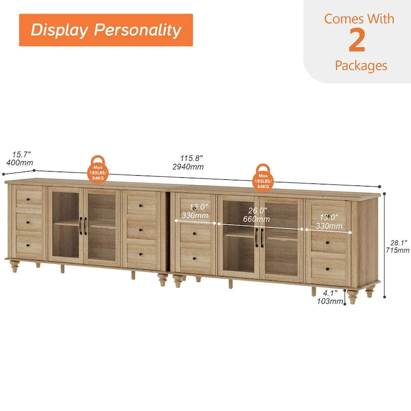 Glass Door Farmhouse TV Stand for TVs Up to 75 inch, Wood Universal TV Console Table