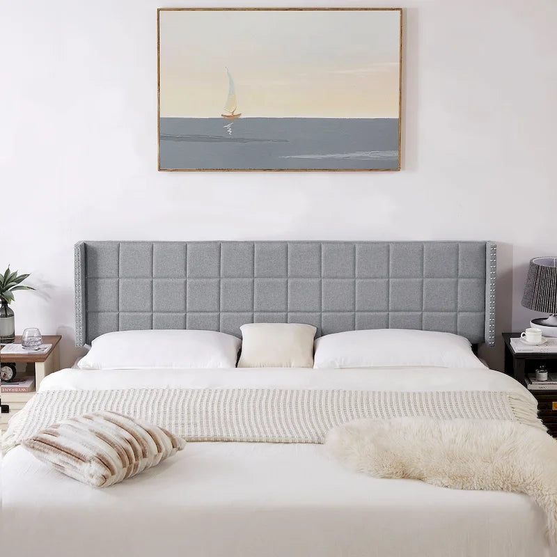 Queen/King Size Adjustable Upholstered Headboard, Modern Wingback Headboard with Double Nailhead Trimming