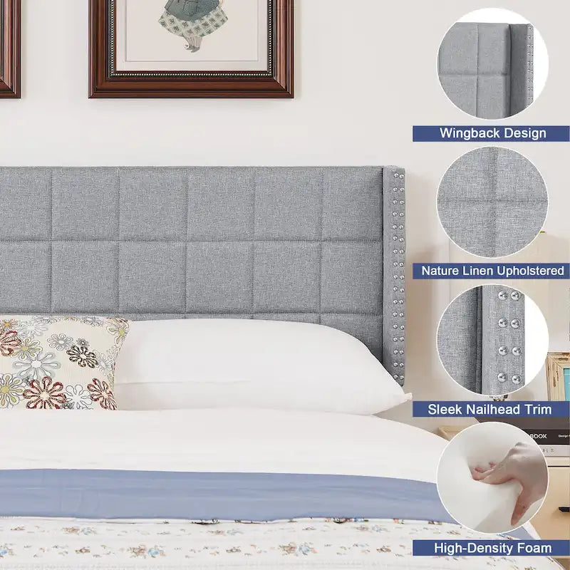 Queen/King Size Adjustable Upholstered Headboard, Modern Wingback Headboard with Double Nailhead Trimming