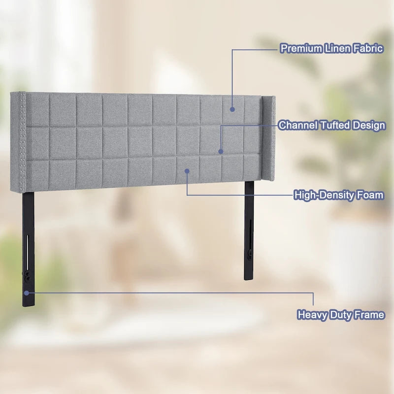 Queen/King Size Adjustable Upholstered Headboard, Modern Wingback Headboard with Double Nailhead Trimming