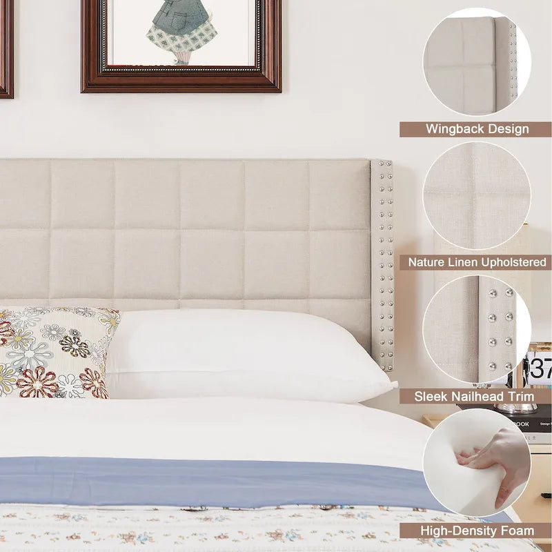 Queen/King Size Adjustable Upholstered Headboard, Modern Wingback Headboard with Double Nailhead Trimming
