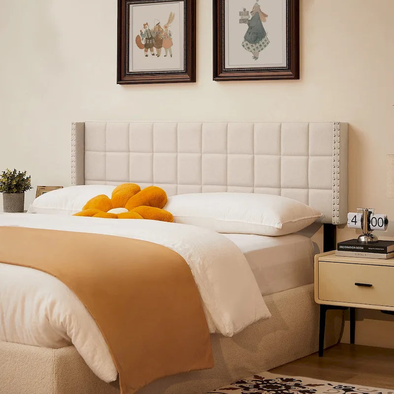 Queen/King Size Adjustable Upholstered Headboard, Modern Wingback Headboard with Double Nailhead Trimming